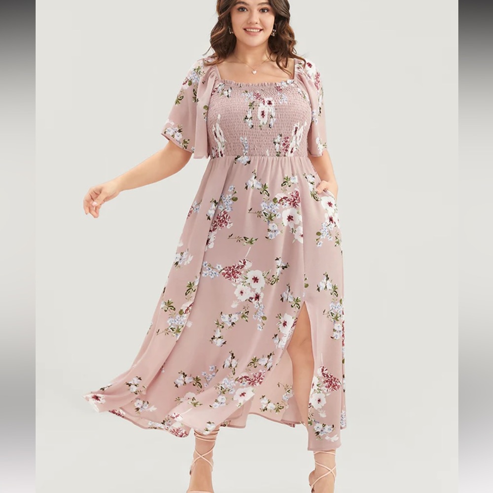 Floral Square Neck Ruffles Pocket Shirred Split Dress - Picture 8 of 8